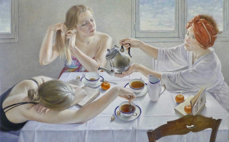 A painting of four women around a table, pouring tea, oranges between them